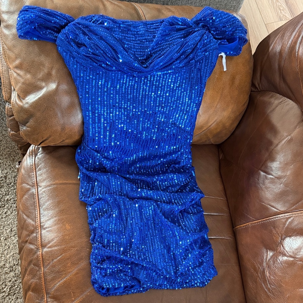 Off-Shoulder Sequin Mini Dress in Royal Blue